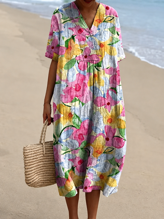 🐟 2026 Summer New Arrivals Breezy Linen-Look Printed V-Neck Vacation Midi Dress