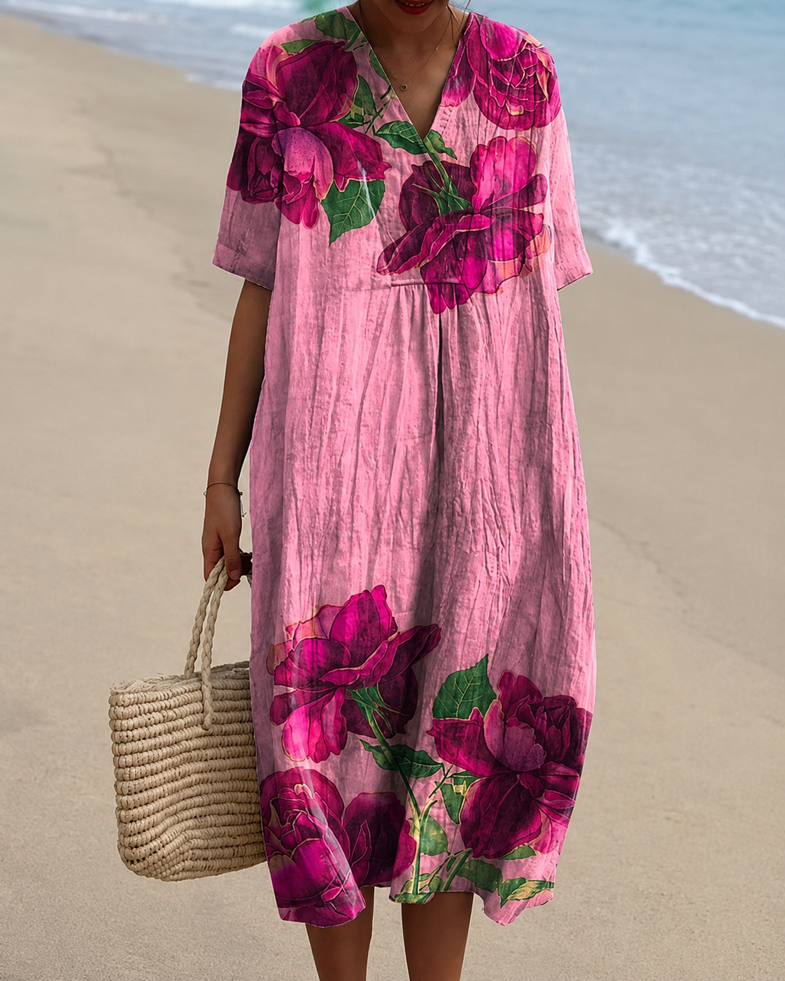 ๐ 2026 Summer New Arrivals Breezy Linen-Look Printed V-Neck Vacation Midi Dress