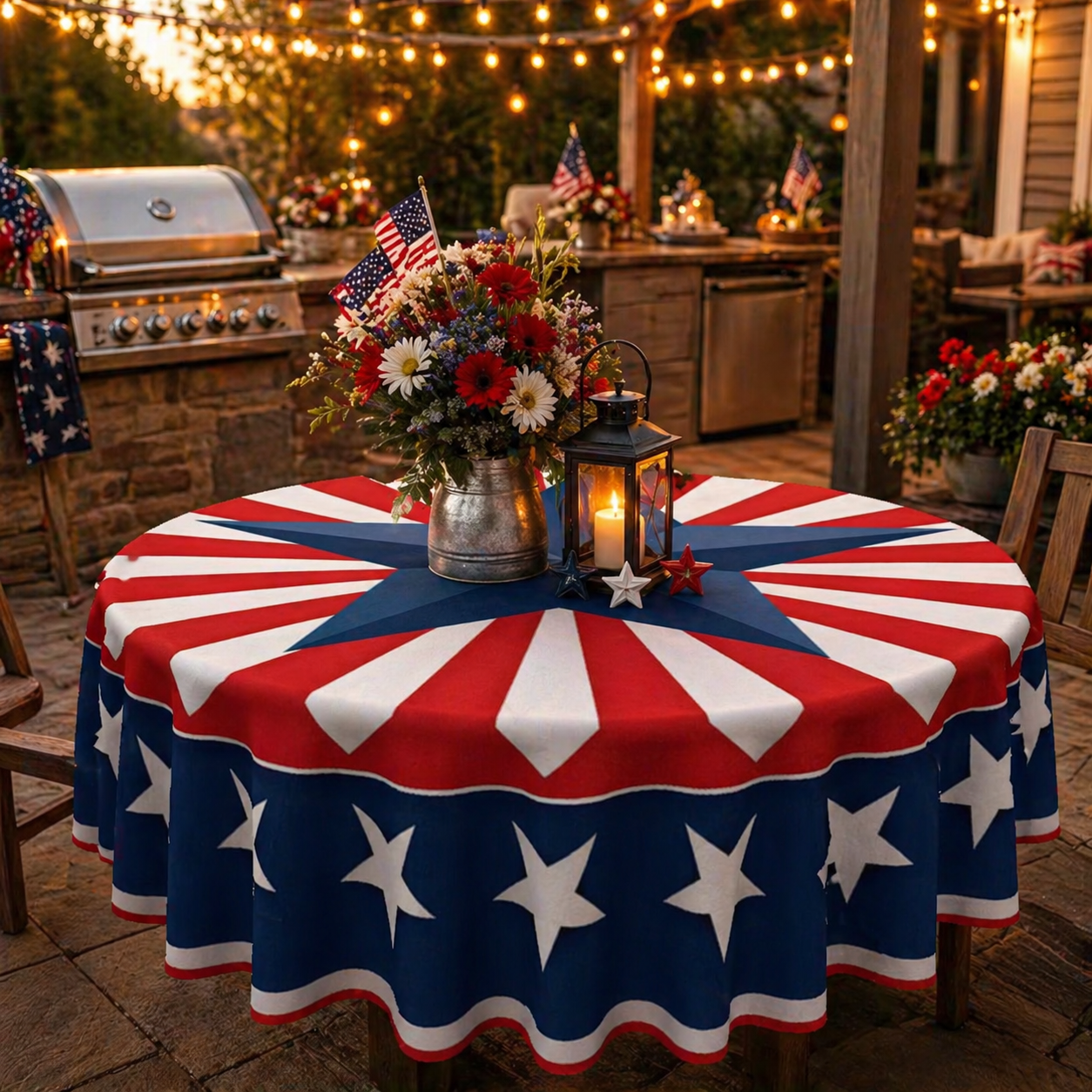 Patriotic Starburst Round Tablecloth 🎇 July 4th Independence Day Decor & Outdoor Picnic Cover ✨