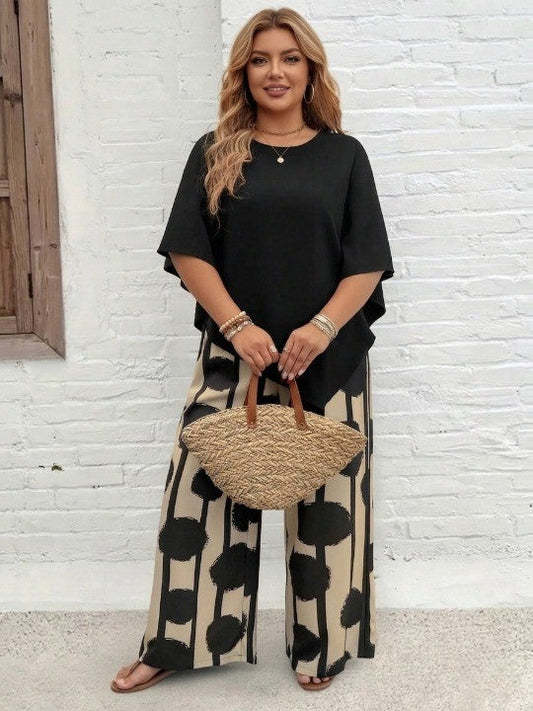💃 Plus Size Vacation Casual Shirt & Print Pants Set