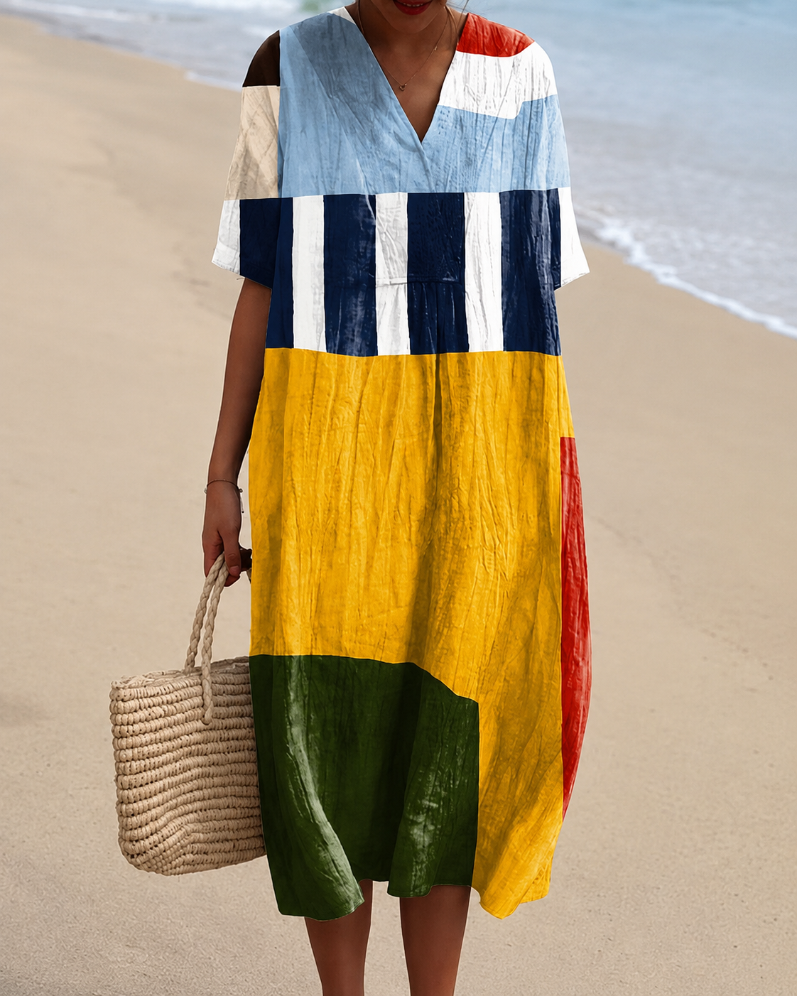 🐟 2026 Summer New Arrivals Breezy Linen-Look Printed V-Neck Vacation Midi Dress