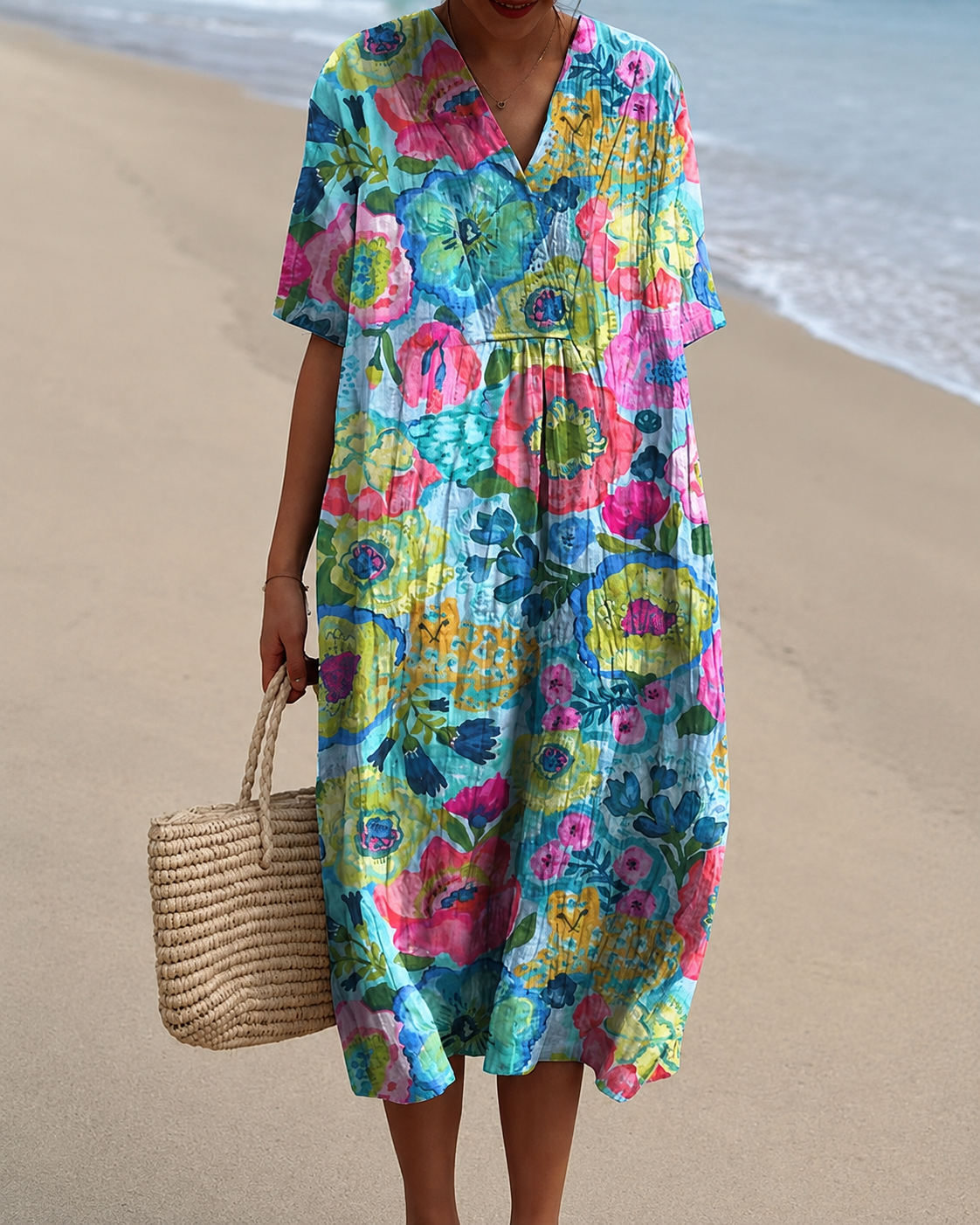 🐟 2026 Summer New Arrivals Breezy Linen-Look Printed V-Neck Vacation Midi Dress