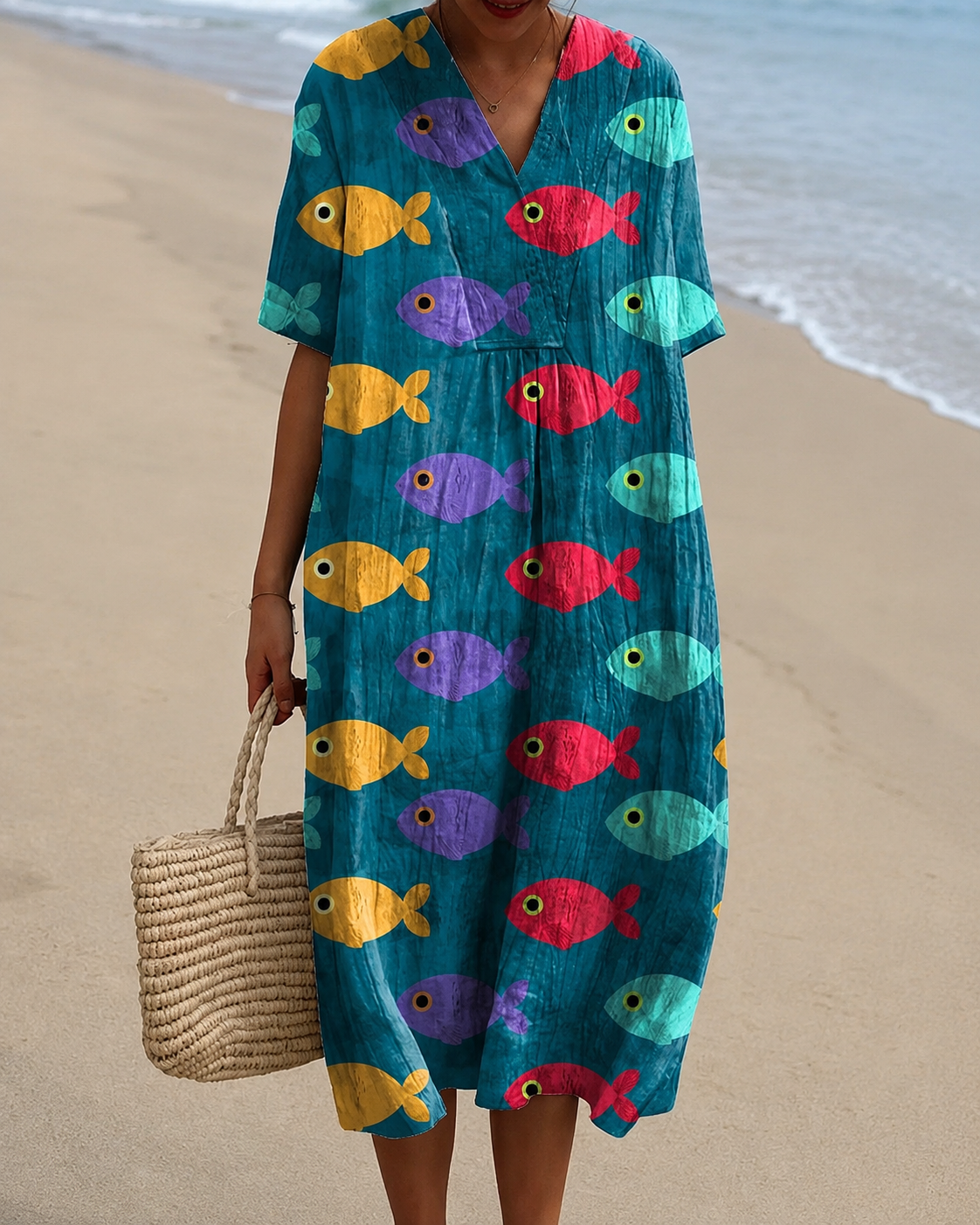🐟 2026 Summer New Arrivals Breezy Linen-Look Printed V-Neck Vacation Midi Dress