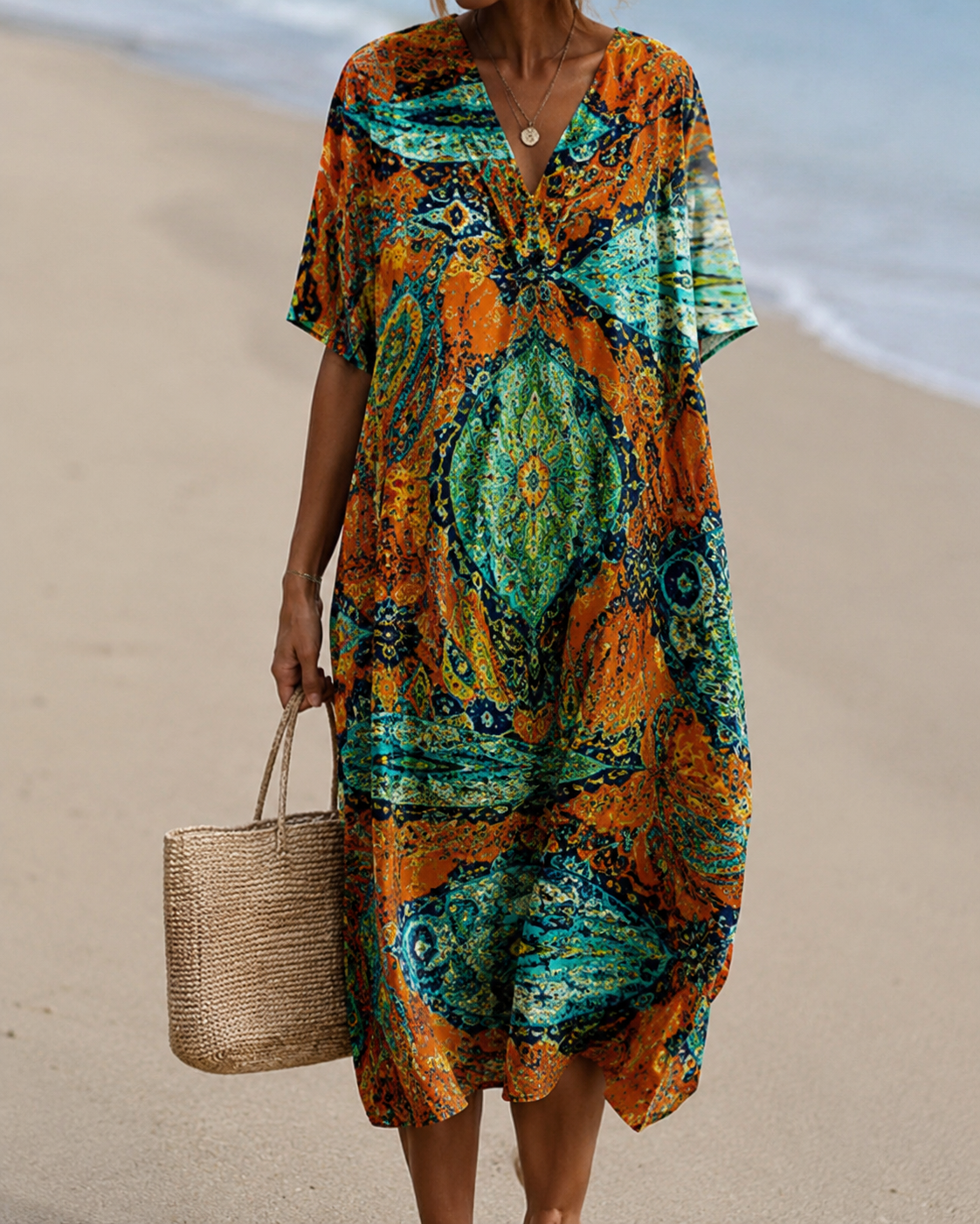 🐟 2026 Summer New Arrivals Breezy Linen-Look Printed V-Neck Vacation Midi Dress