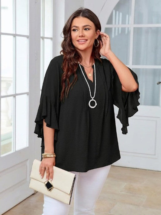 🌸Plus Size Women V-Neck Ruffle Sleeve Solid Color Blouse