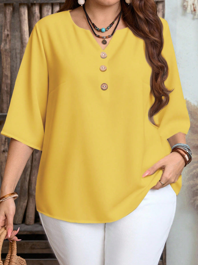 Women's Plus Size Vintage Print V-Neck Blouse with Casual Loose 3/4 Sleeve