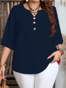 Women's Plus Size Vintage Print V-Neck Blouse with Casual Loose 3/4 Sleeve