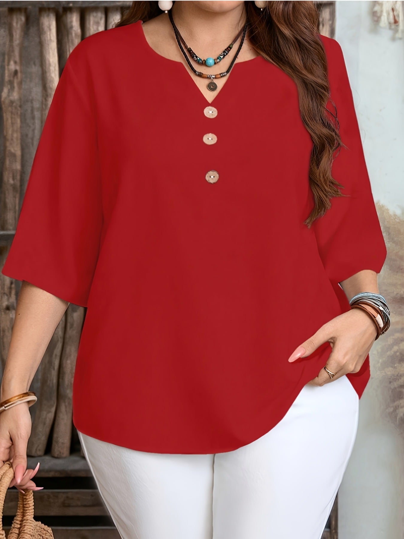 Women's Plus Size Vintage Print V-Neck Blouse with Casual Loose 3/4 Sleeve