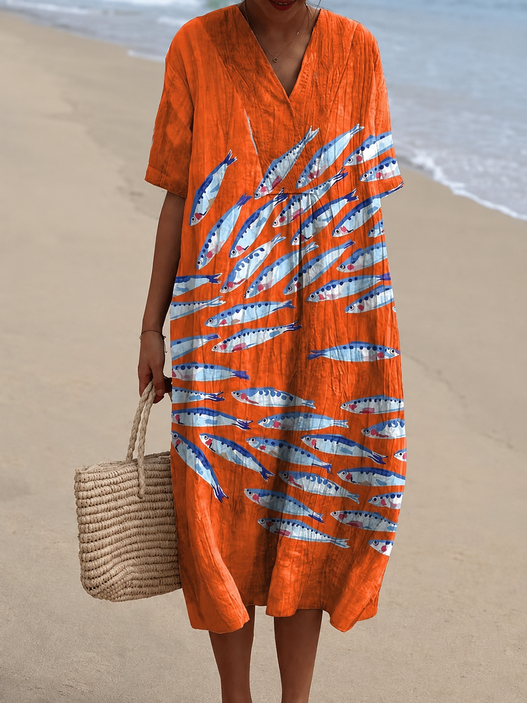 🐟 2026 Summer New Arrivals Breezy Linen-Look Printed V-Neck Vacation Midi Dress