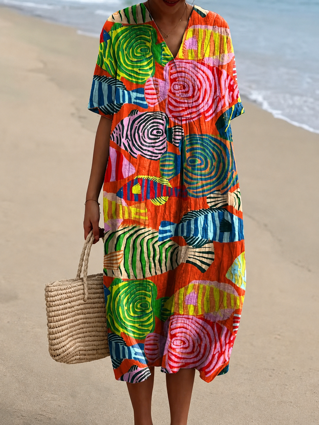 🐟 2026 Summer New Arrivals Breezy Linen-Look Printed V-Neck Vacation Midi Dress