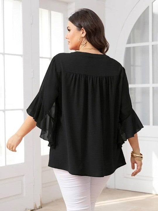 🌸Plus Size Women V-Neck Ruffle Sleeve Solid Color Blouse
