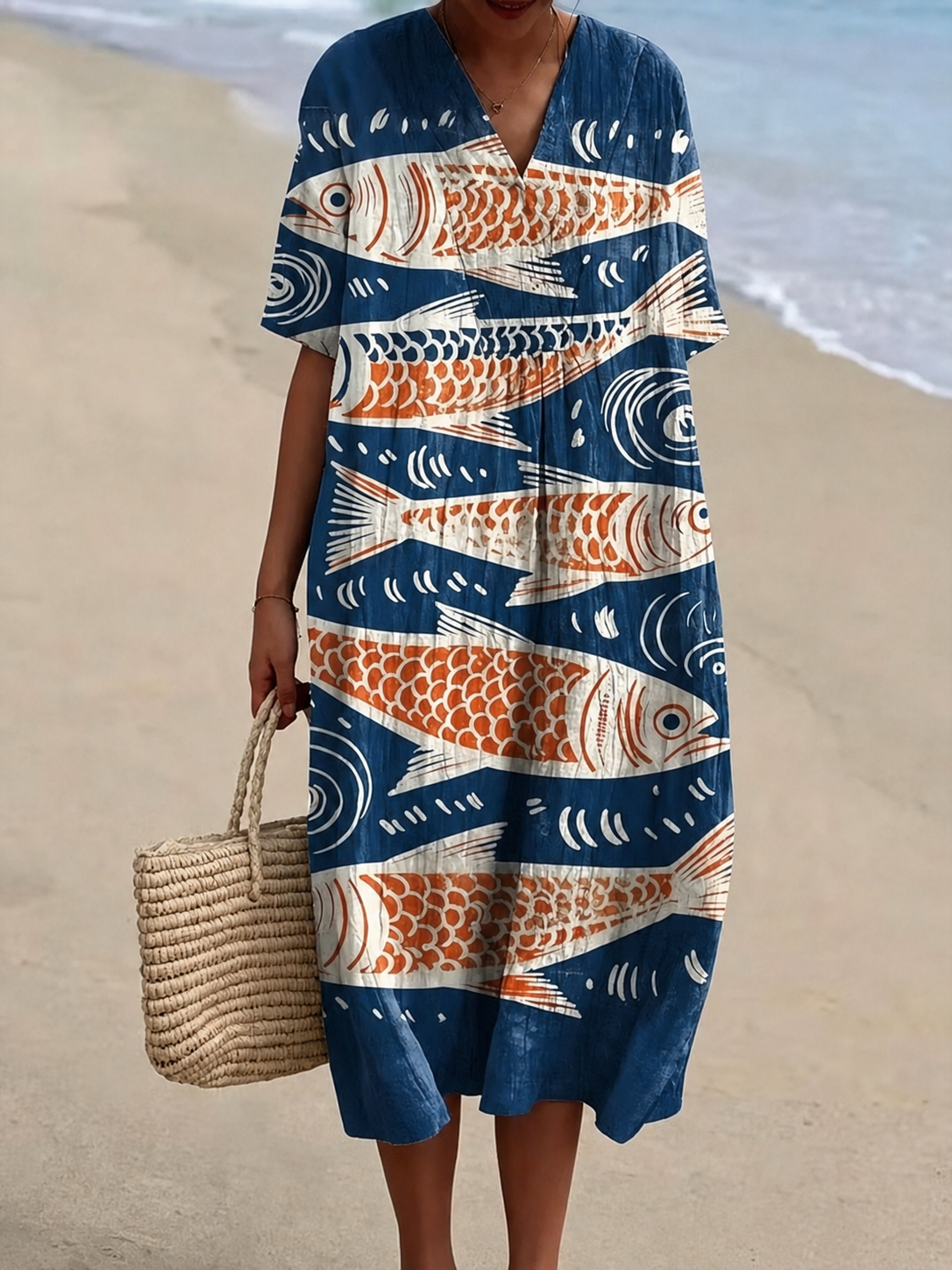 🐟 2026 Summer New Arrivals Breezy Linen-Look Printed V-Neck Vacation Midi Dress