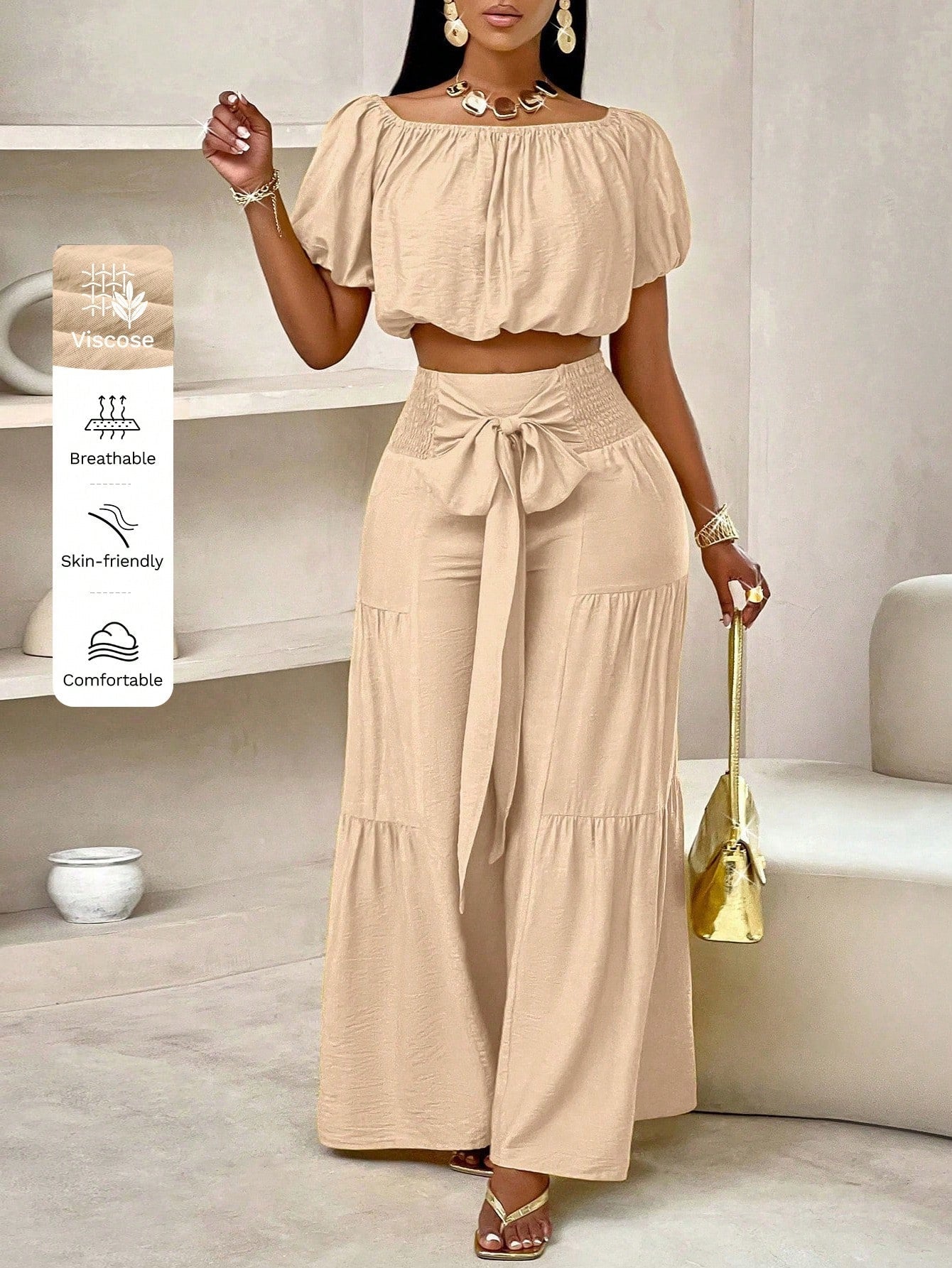 🌴 Summer Beach Vacation Bow Shoulderless Top & Wide-Leg Pants Set