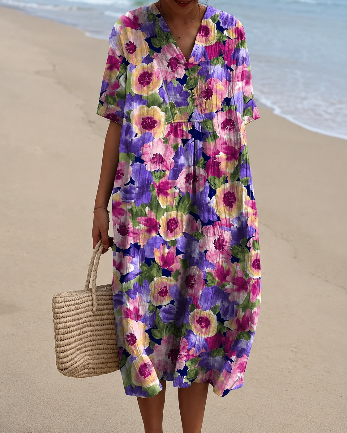 🐟 2026 Summer New Arrivals Breezy Linen-Look Printed V-Neck Vacation Midi Dress