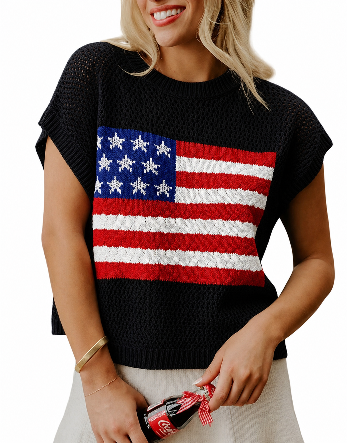 🔥Limited time sale🎉Flag Graphic Short Sleeve Hollow Out Top