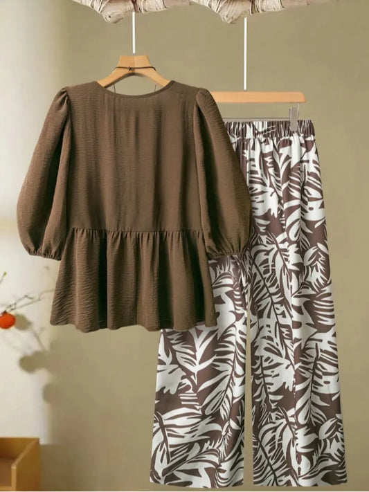 Elegant Minimalist Plus Size Women's Solid Color Shirt & Printed Pants Set