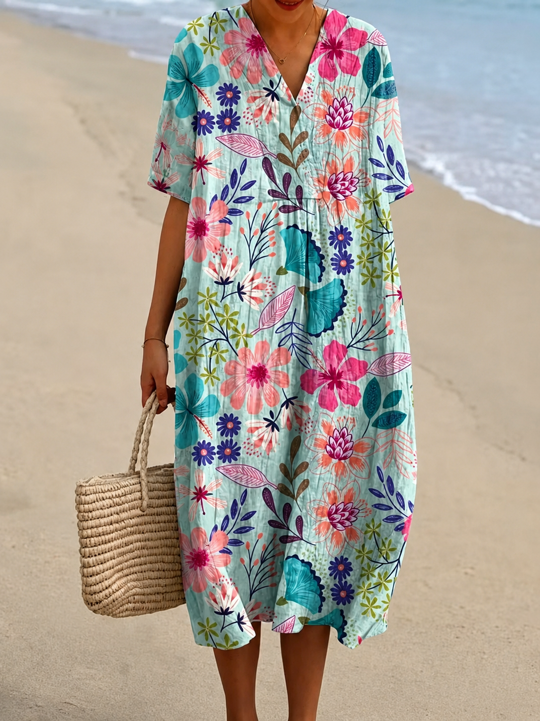 🐟 2026 Summer New Arrivals Breezy Linen-Look Printed V-Neck Vacation Midi Dress