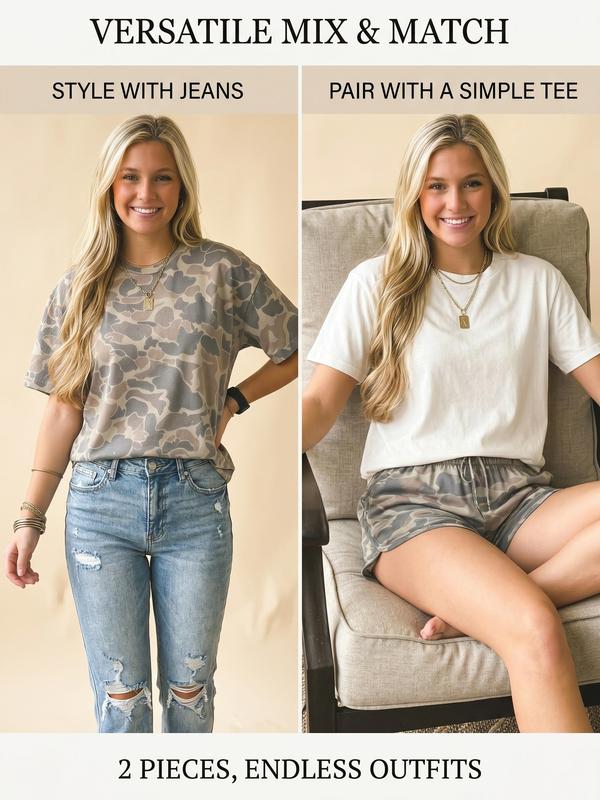 🔥Women's Camo 2-Piece T-Shirt & High Waist Shorts Set Summer Loungewear