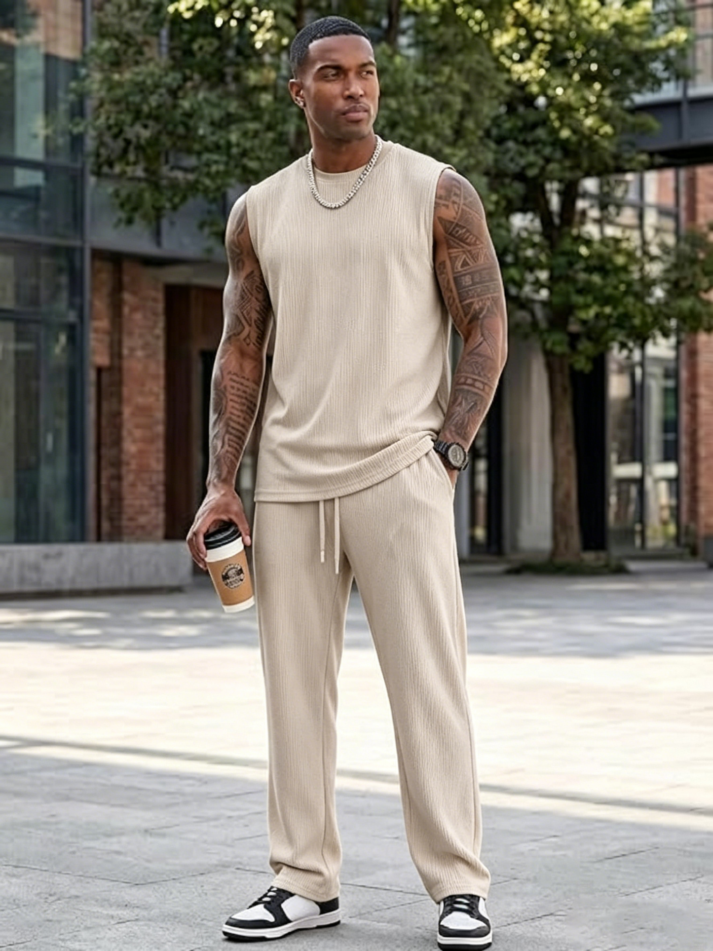 ✨Modern Knit Men's 2-Piece Leisure Suit – Sleeveless Tank Top & Lounge Pants