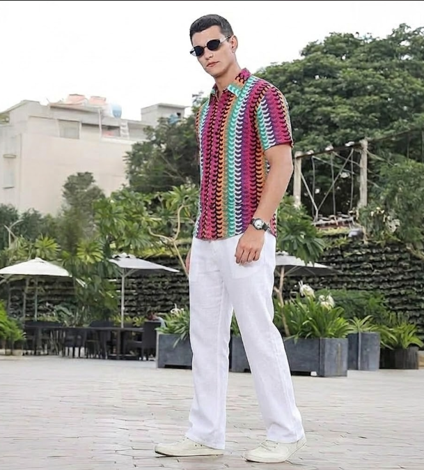 🔥Men’s Color-Block Crochet Knit Shirt