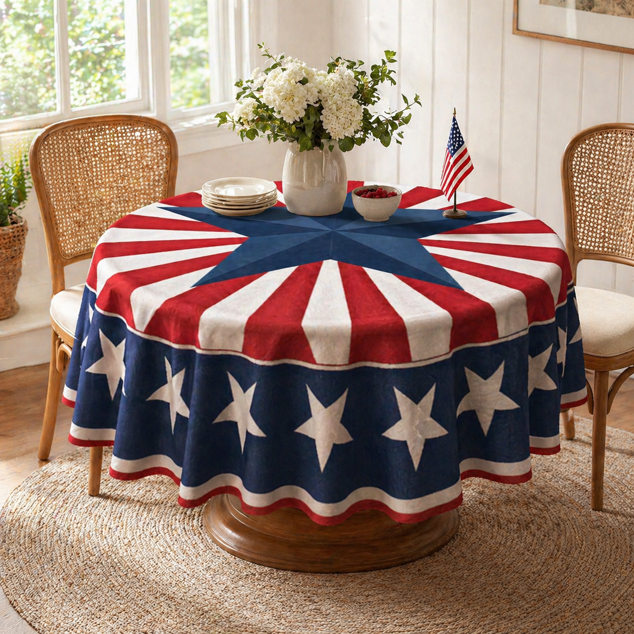 Patriotic Starburst Round Tablecloth 🎇 July 4th Independence Day Decor & Outdoor Picnic Cover ✨