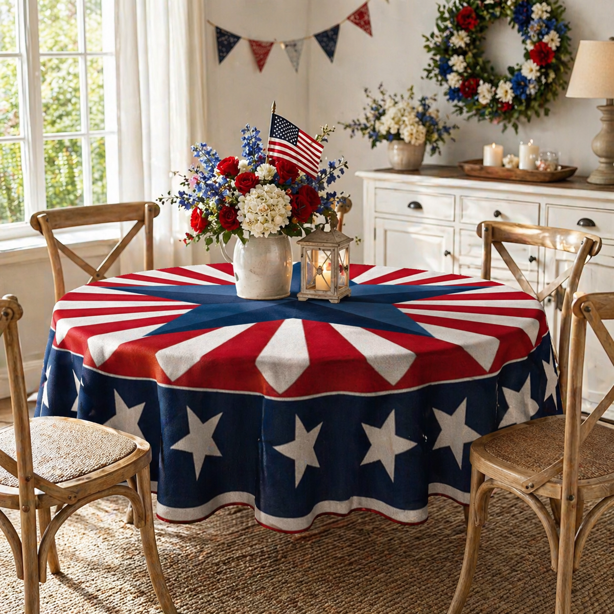 Patriotic Starburst Round Tablecloth 🎇 July 4th Independence Day Decor & Outdoor Picnic Cover ✨
