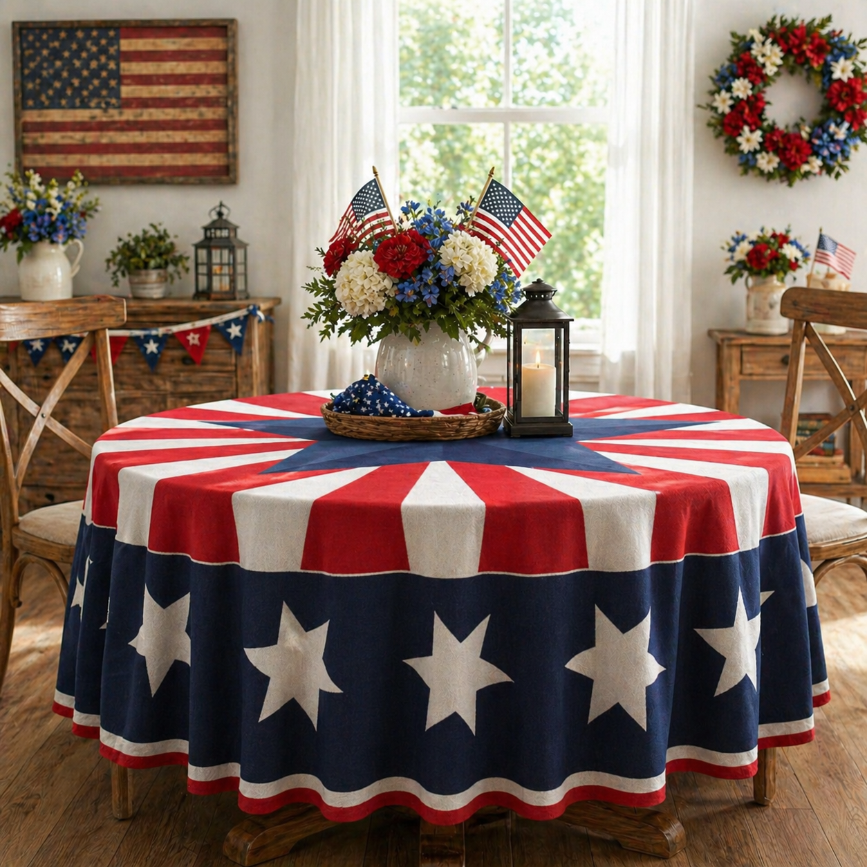 Patriotic Starburst Round Tablecloth 🎇 July 4th Independence Day Decor & Outdoor Picnic Cover ✨