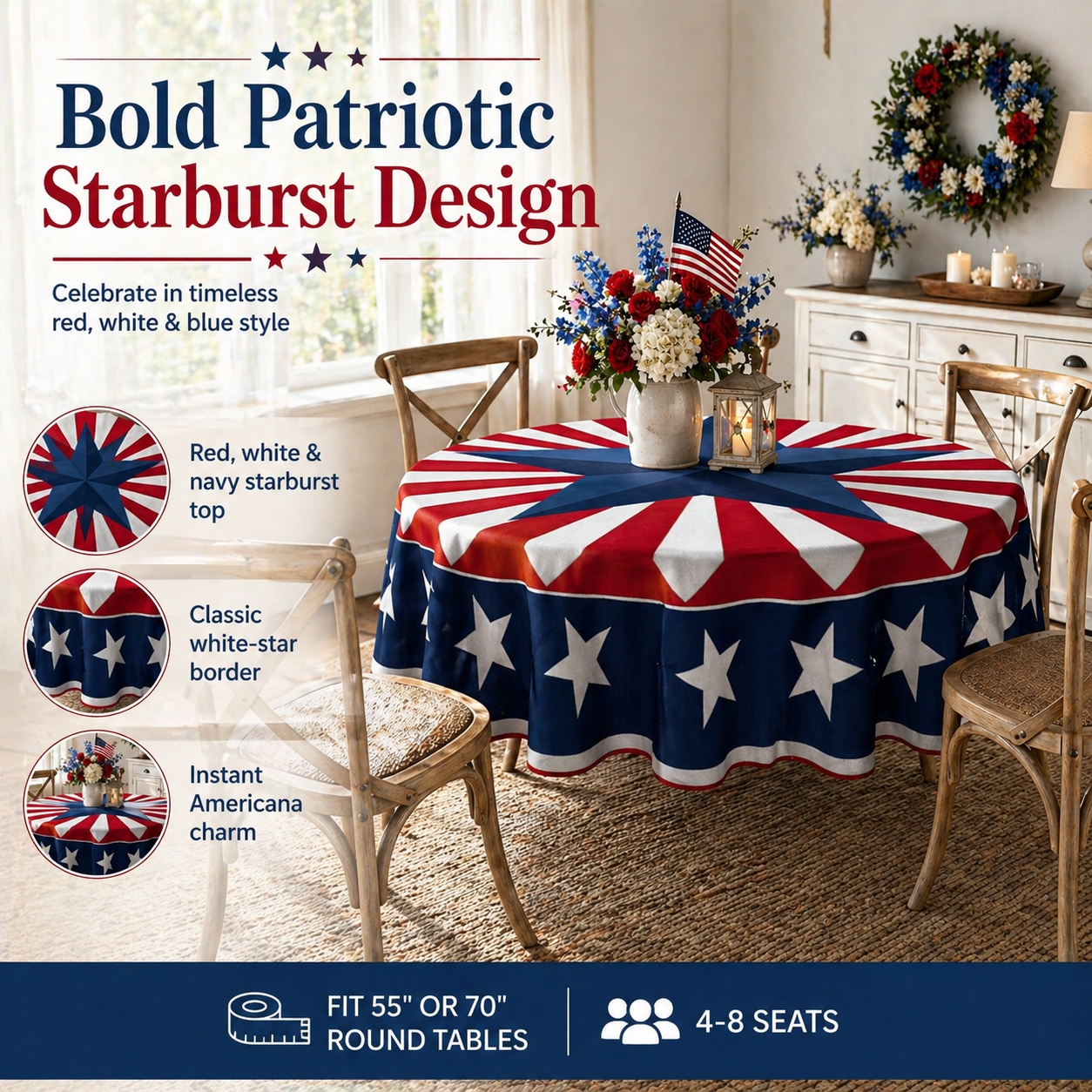 Patriotic Starburst Round Tablecloth 🎇 July 4th Independence Day Decor & Outdoor Picnic Cover ✨