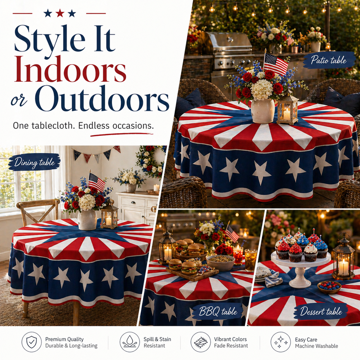 Patriotic Starburst Round Tablecloth 🎇 July 4th Independence Day Decor & Outdoor Picnic Cover ✨