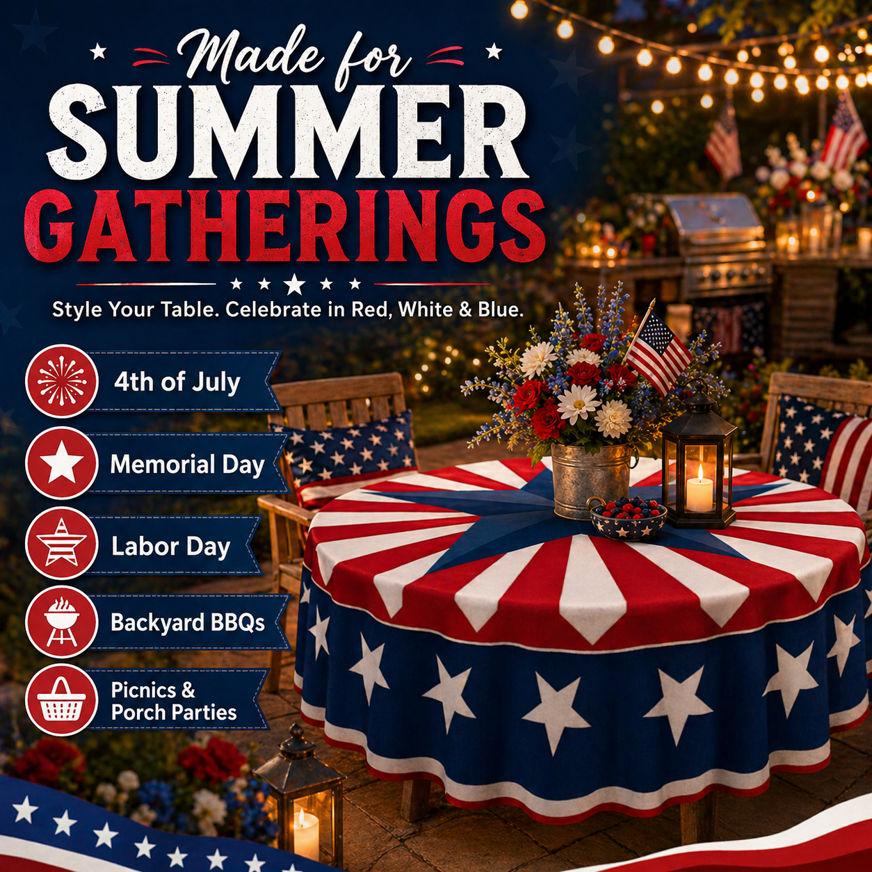 Patriotic Starburst Round Tablecloth 🎇 July 4th Independence Day Decor & Outdoor Picnic Cover ✨