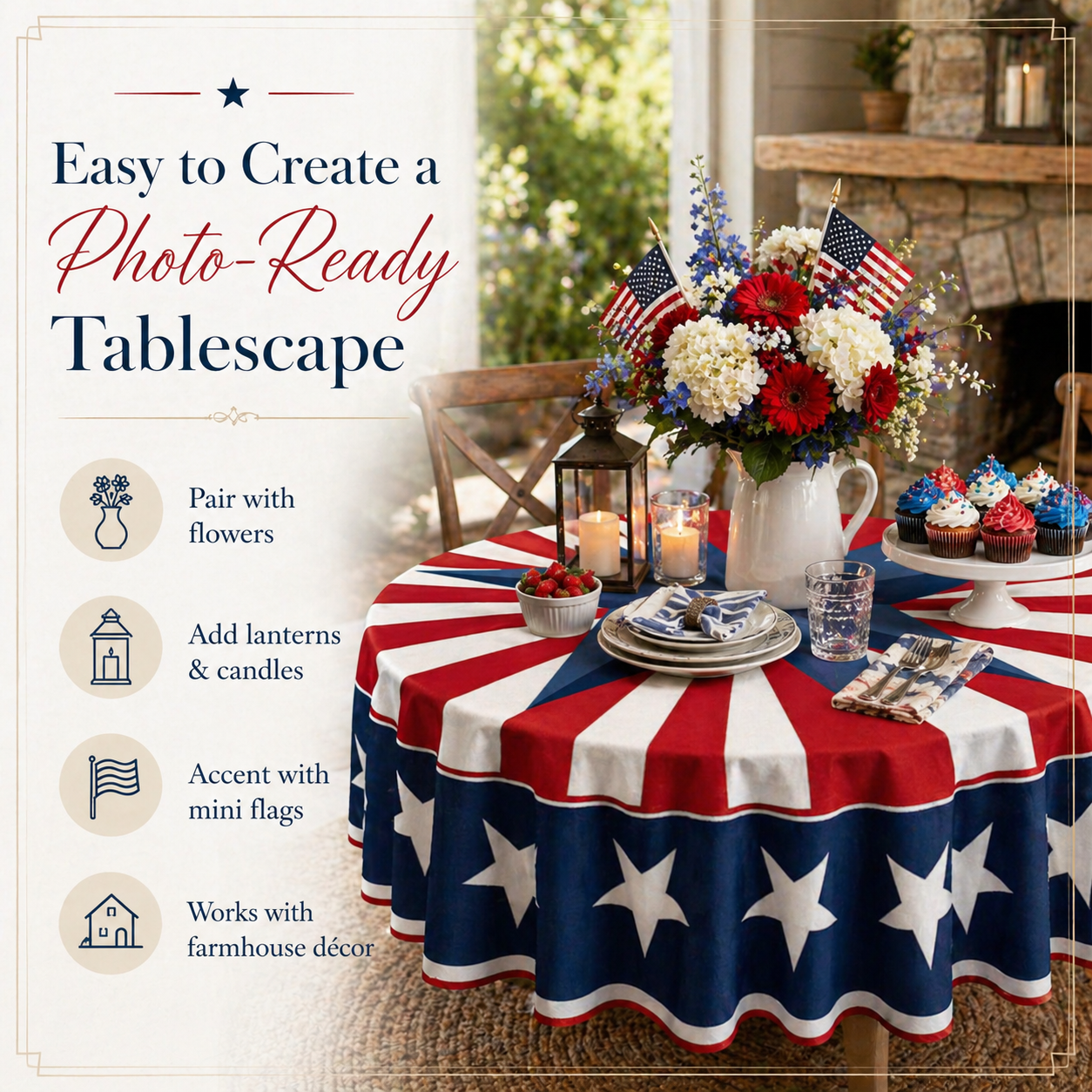 Patriotic Starburst Round Tablecloth 🎇 July 4th Independence Day Decor & Outdoor Picnic Cover ✨