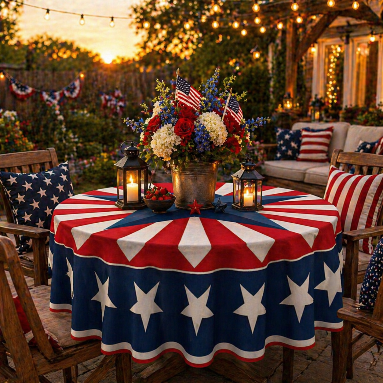 Patriotic Starburst Round Tablecloth 🎇 July 4th Independence Day Decor & Outdoor Picnic Cover ✨