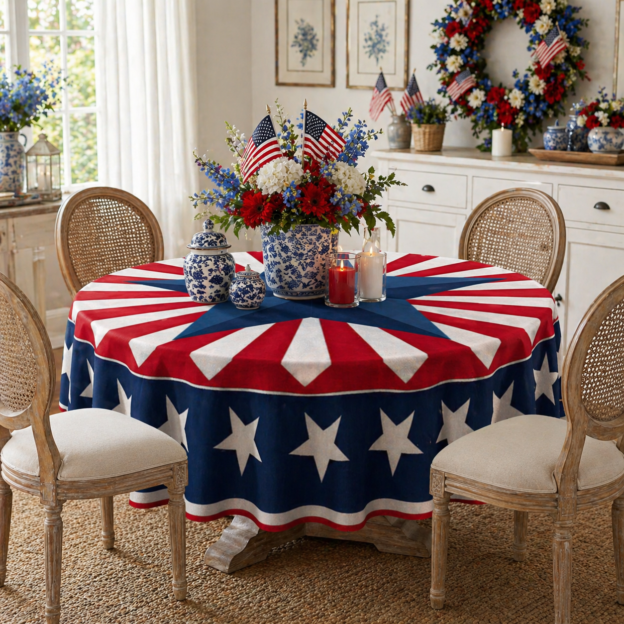 Patriotic Starburst Round Tablecloth 🎇 July 4th Independence Day Decor & Outdoor Picnic Cover ✨