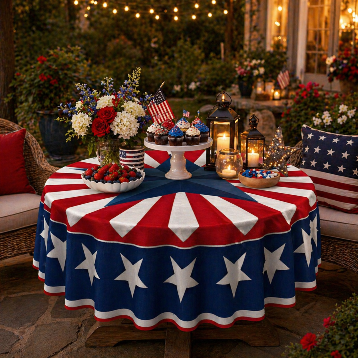 Patriotic Starburst Round Tablecloth 🎇 July 4th Independence Day Decor & Outdoor Picnic Cover ✨
