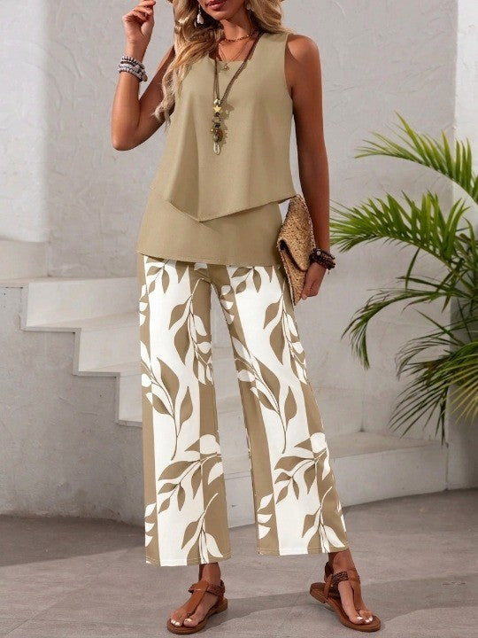 🌿 Women's Asymmetric Top & Leaf Print Pants Set