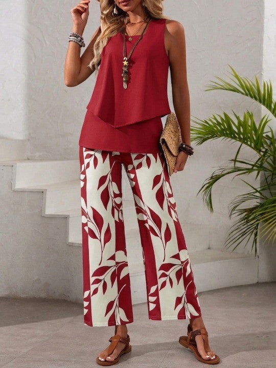 🌿 Women's Asymmetric Top & Leaf Print Pants Set