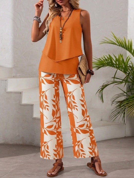 🌿 Women's Asymmetric Top & Leaf Print Pants Set