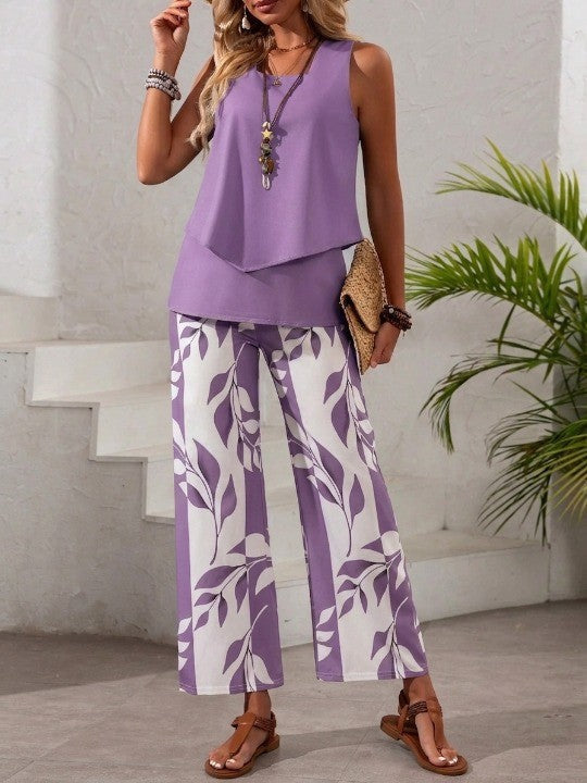 🌿 Women's Asymmetric Top & Leaf Print Pants Set