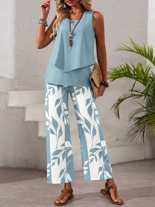🌿 Women's Asymmetric Top & Leaf Print Pants Set