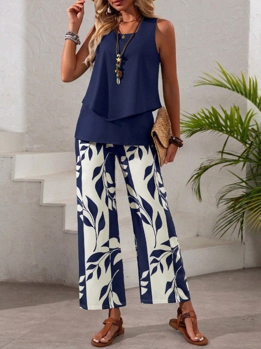🌿 Women's Asymmetric Top & Leaf Print Pants Set