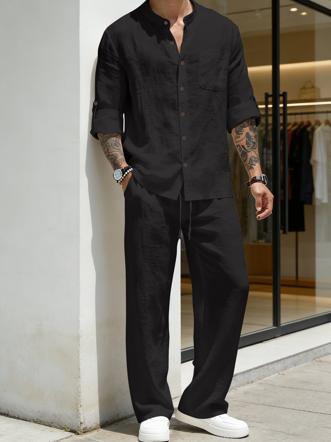 🔥Men's Linen Stand Collar Long Sleeve Button Shirt & Straight Leg Pants Set