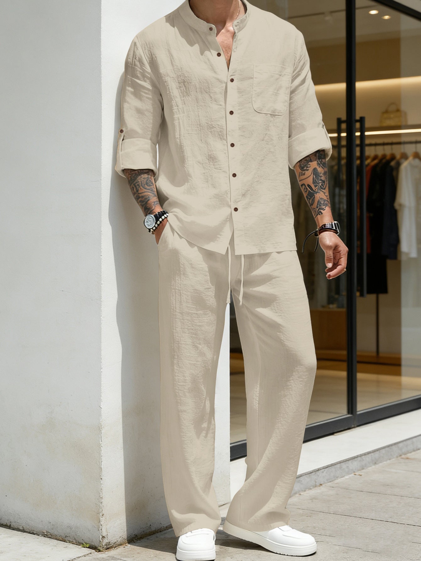 🔥Men's Linen Stand Collar Long Sleeve Button Shirt & Straight Leg Pants Set
