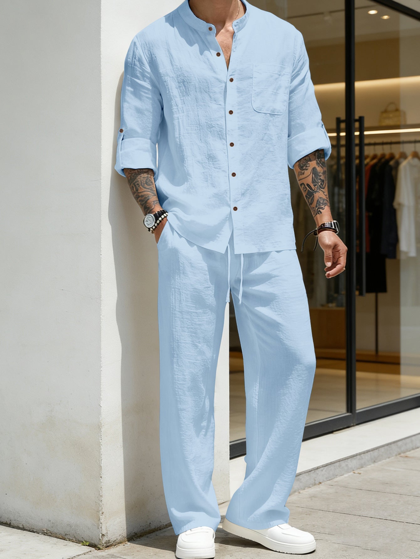 🔥Men's Linen Stand Collar Long Sleeve Button Shirt & Straight Leg Pants Set