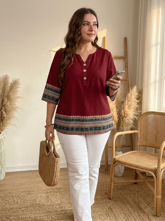 Women's Plus Size Vintage Print V-Neck Blouse with Casual Loose 3/4 Sleeve