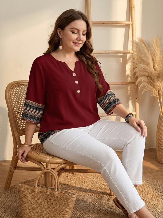 Women's Plus Size Vintage Print V-Neck Blouse with Casual Loose 3/4 Sleeve