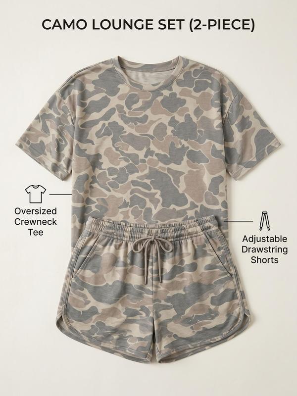 🔥Women's Camo 2-Piece T-Shirt & High Waist Shorts Set Summer Loungewear