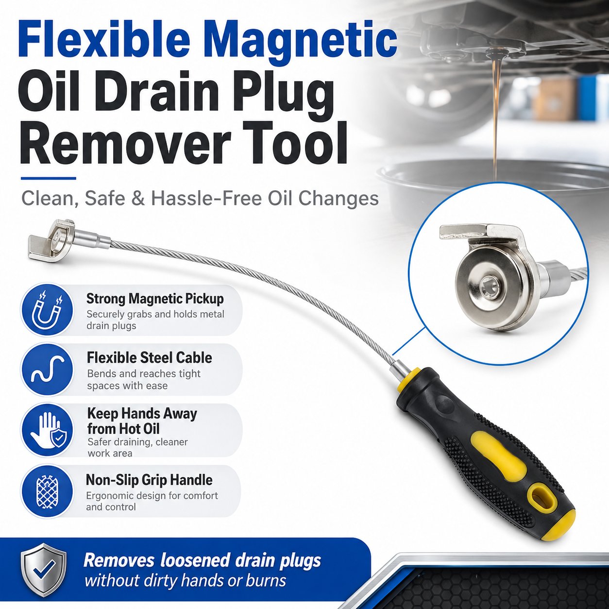 Magnetic Flexible Oil Drain Plug Remover Tool – No Mess, No Burn Oil Change Helper 🛠️✨