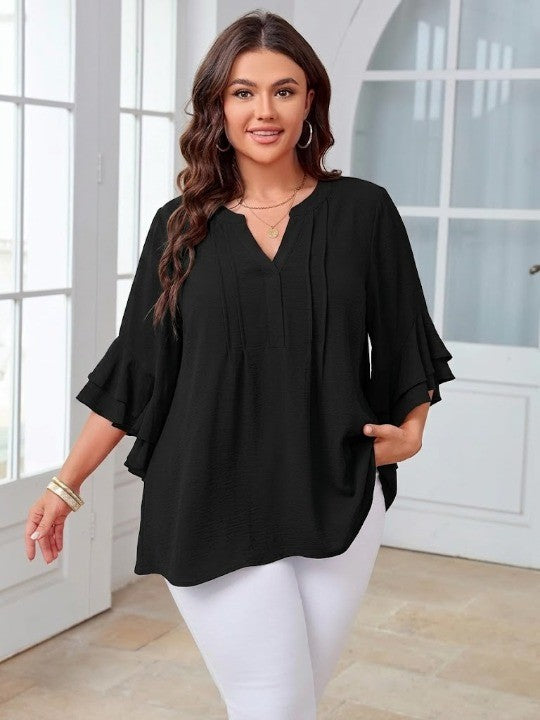 🌸Plus Size Women V-Neck Ruffle Sleeve Solid Color Blouse