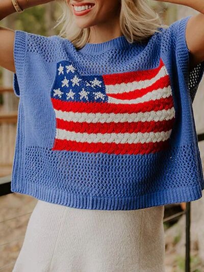 🔥Limited time sale🎉Flag Graphic Short Sleeve Hollow Out Top