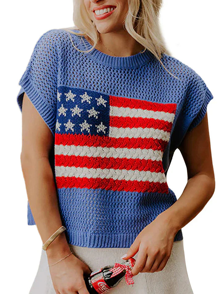 🔥Limited time sale🎉Flag Graphic Short Sleeve Hollow Out Top
